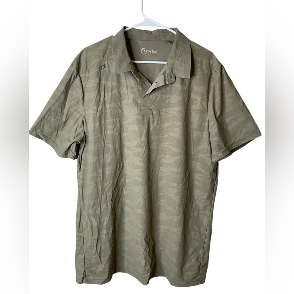 Zyia Active‎ Mens Ventilation Collar Polo Shirt XXL Green Camo Sporty Gym Golf